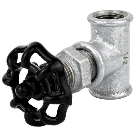 Fitting 1/2'' in afsluiterstijl van gegalvaniseerd gietijzer met zwart handwiel 52 mm, zwarte moer