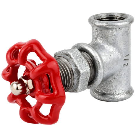 Fitting 1/2'' in afsluiterstijl van gegalvaniseerd gietijzer met rood handwiel 52 mm, roestvrijstalen moer