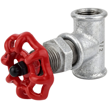 Fitting 1/2'' in afsluiterstijl van gegalvaniseerd gietijzer met rood handwiel 52 mm, zwarte moer