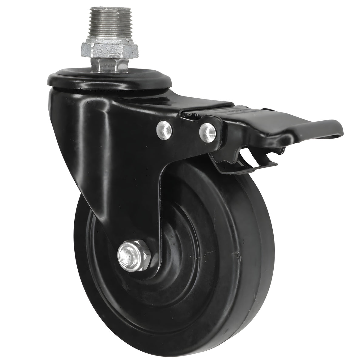Zwart industrieel zwenkwiel met rem en rubberen wiel van 100 mm, 1/2'' (15x21mm) buitendraad, fitting van gegalvaniseerd gietijzer