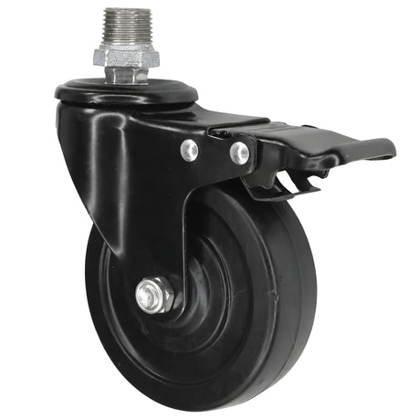 Zwart industrieel zwenkwiel met rem en rubberen wiel van 100 mm, 1/2'' (15x21mm) buitendraad, fitting van gegalvaniseerd gietijzer
