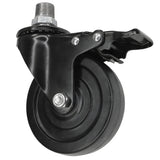Zwart industrieel zwenkwiel met rem en rubberen wiel van 100 mm, buitendraad, fitting van gegalvaniseerd gietijzer