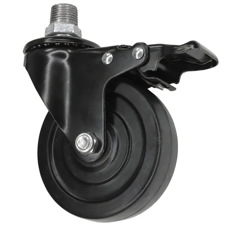 Zwart industrieel zwenkwiel met rem en rubberen wiel van 100 mm, buitendraad, fitting van gegalvaniseerd gietijzer