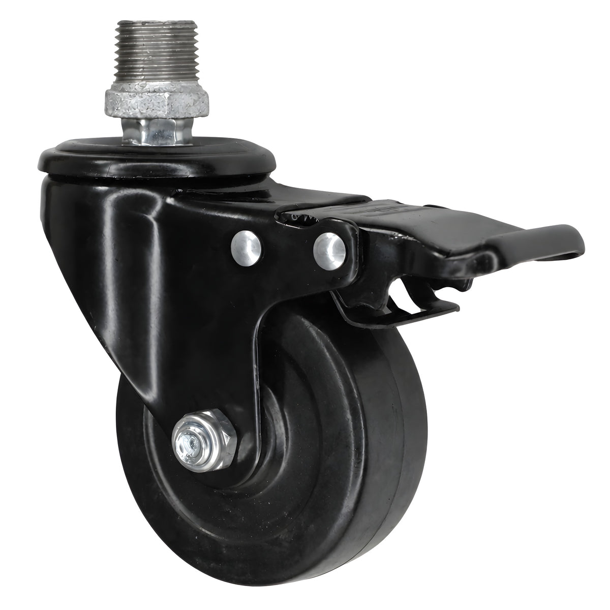 Zwart industrieel zwenkwiel met rem en rubberen wiel van 75 mm, buitendraad, fitting van gegalvaniseerd gietijzer