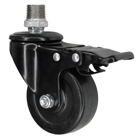 Zwart industrieel zwenkwiel met rem en rubberen wiel van 75 mm, buitendraad, fitting van gegalvaniseerd gietijzer