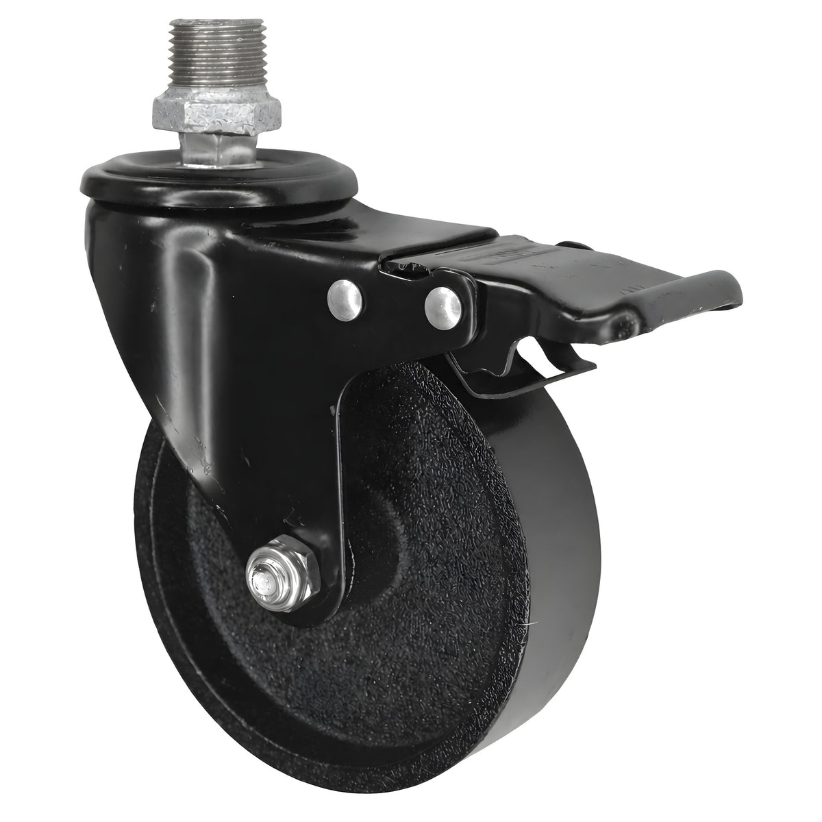 Zwart industrieel zwenkwiel met rem en gietijzeren wiel van 100 mm, 1/2'' (15x21mm) buitendraad, fitting van gegalvaniseerd gietijzer