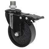 Zwart industrieel zwenkwiel met rem en gietijzeren wiel van 100 mm, 1/2'' (15x21mm) buitendraad, fitting van gegalvaniseerd gietijzer