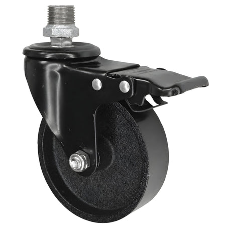 Zwart industrieel zwenkwiel met rem en gietijzeren wiel van 100 mm, 1/2'' (15x21mm) buitendraad, fitting van gegalvaniseerd gietijzer