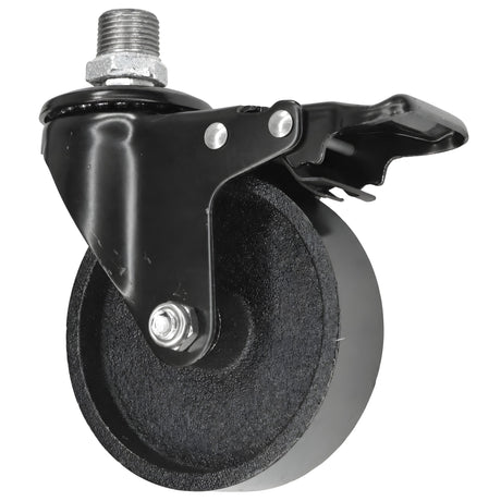 Zwart industrieel zwenkwiel met rem en gietijzeren wiel van 100 mm, buitendraad, fitting van gegalvaniseerd gietijzer