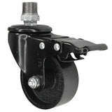 Zwart industrieel zwenkwiel met rem en gietijzeren wiel van 75 mm, 1/2'' (15x21mm) buitendraad, fitting van gegalvaniseerd gietijzer