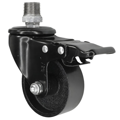 Zwart industrieel zwenkwiel met rem en gietijzeren wiel van 75 mm, 1/2'' (15x21mm) buitendraad, fitting van gegalvaniseerd gietijzer