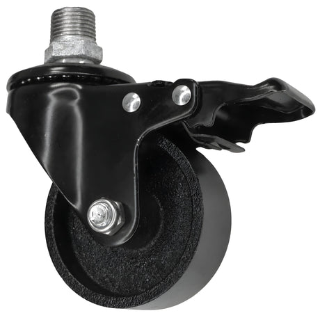 Zwart industrieel zwenkwiel met rem en gietijzeren wiel van 75 mm, buitendraad, fitting van gegalvaniseerd gietijzer