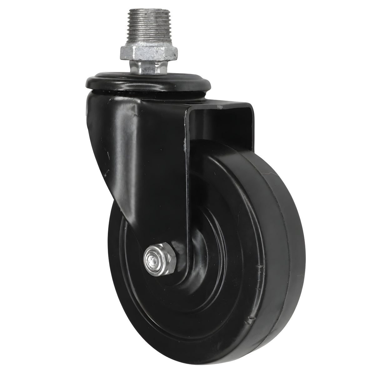 Zwart industrieel zwenkwiel met rubberen wiel van 100 mm, 1/2'' (15x21mm) buitendraad, fitting van gegalvaniseerd gietijzer