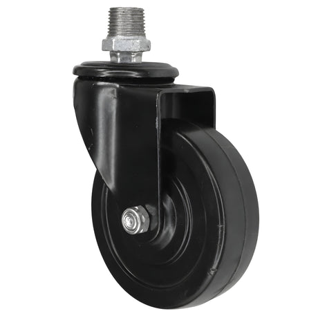 Zwart industrieel zwenkwiel met rubberen wiel van 100 mm, 1/2'' (15x21mm) buitendraad, fitting van gegalvaniseerd gietijzer