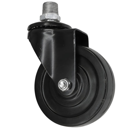 Zwart industrieel zwenkwiel met rubberen wiel van 100 mm, buitendraad, fitting van gegalvaniseerd gietijzer