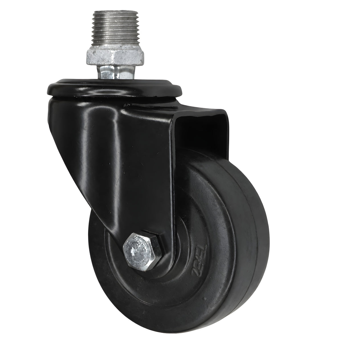 Zwart industrieel zwenkwiel met rubberen wiel van 75 mm, buitendraad, fitting van gegalvaniseerd gietijzer