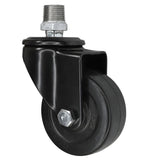 Zwart industrieel zwenkwiel met rubberen wiel van 75 mm, buitendraad, fitting van gegalvaniseerd gietijzer