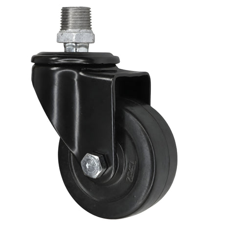 Zwart industrieel zwenkwiel met rubberen wiel van 75 mm, buitendraad, fitting van gegalvaniseerd gietijzer