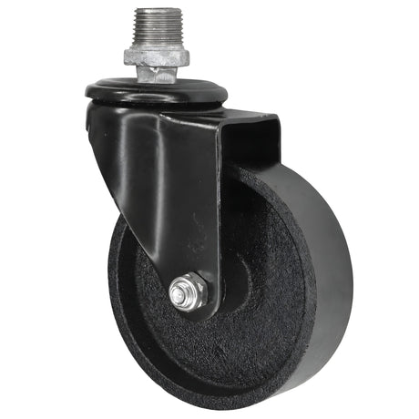 Zwart industrieel zwenkwiel met gietijzeren wiel van 100 mm, 1/2'' (15x21mm) buitendraad, fitting van gegalvaniseerd gietijzer