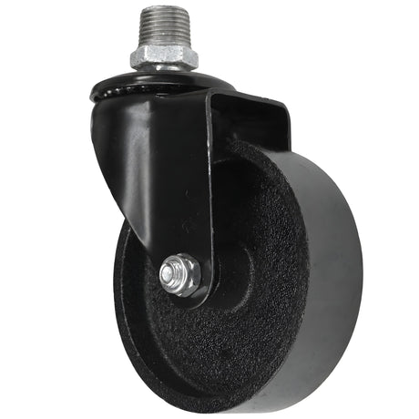 Zwart industrieel zwenkwiel met gietijzeren wiel van 100 mm, buitendraad, fitting van gegalvaniseerd gietijzer