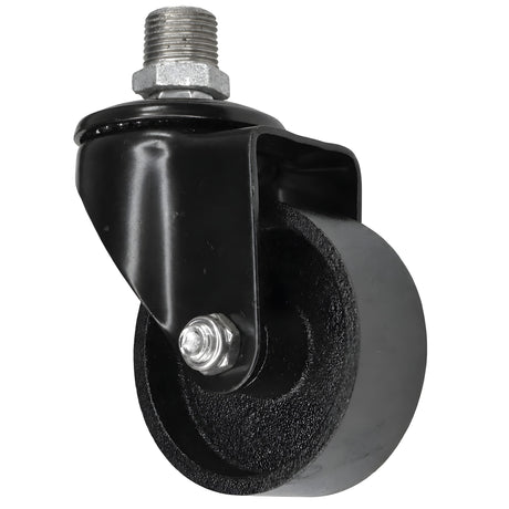 Zwart industrieel zwenkwiel met gietijzeren wiel van 75 mm, buitendraad, fitting van gegalvaniseerd gietijzer