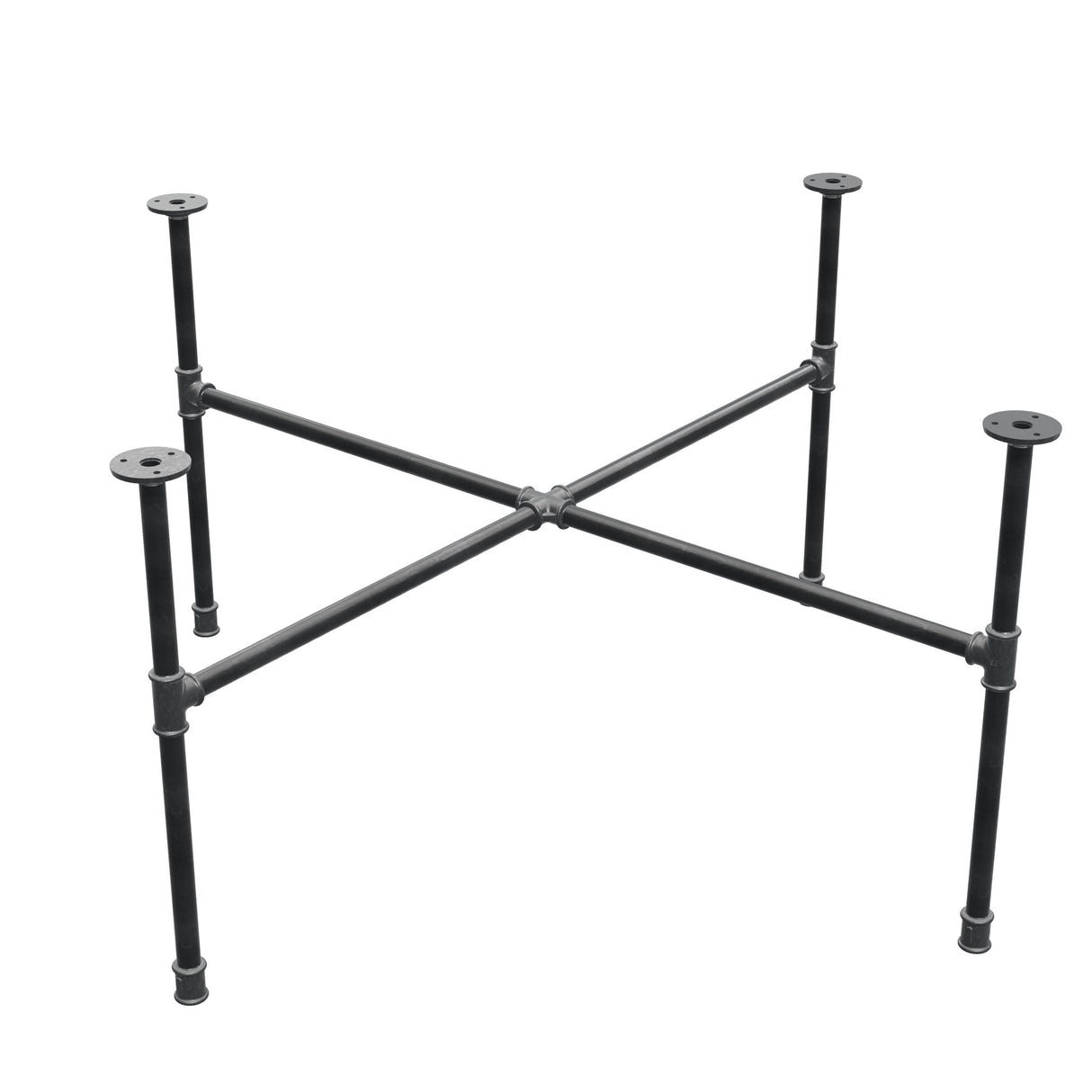 Industrieel gietijzeren salontafelonderstel, kruispoten, 108 × 108 cm, hoogte 52 cm, driekwartaanzicht