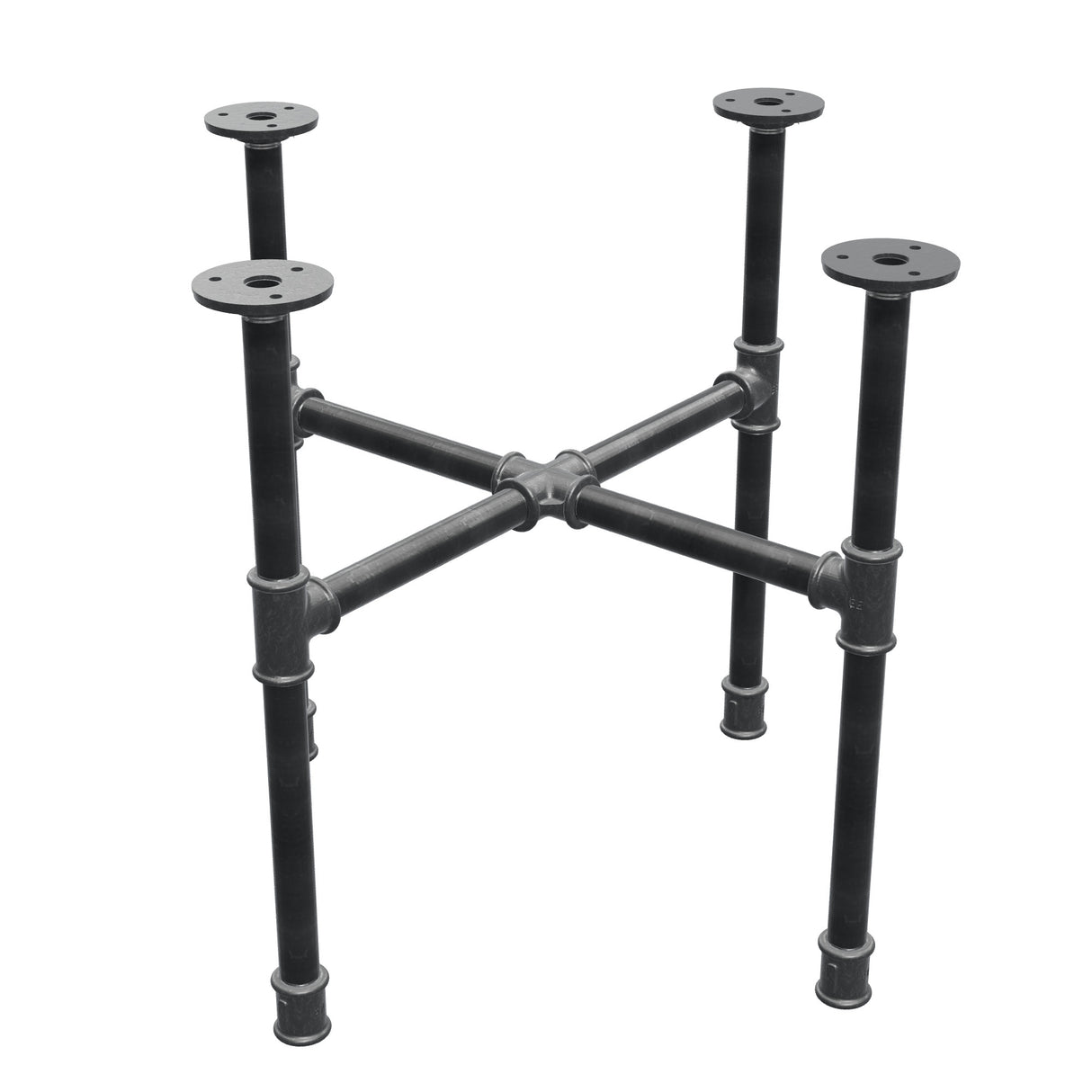 Industrieel gietijzeren salontafelonderstel, kruispoten, 48 × 48 cm, hoogte 42 cm, driekwartaanzicht