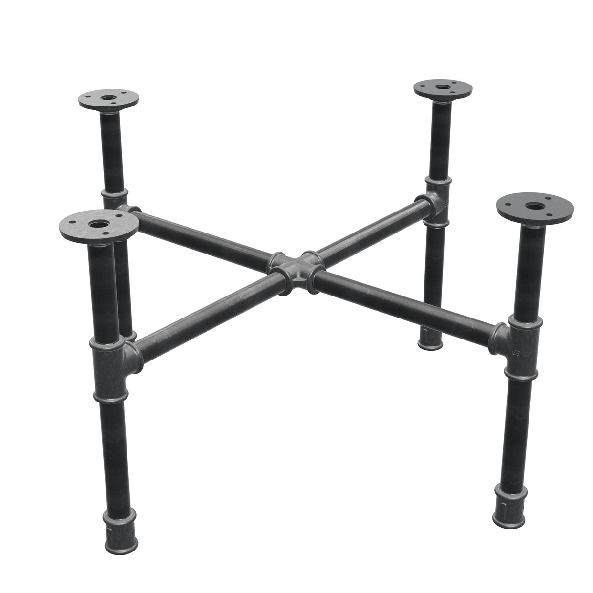 Industrieel gietijzeren salontafelonderstel, kruispoten, 58 × 58 cm, hoogte 32 cm, driekwartaanzicht