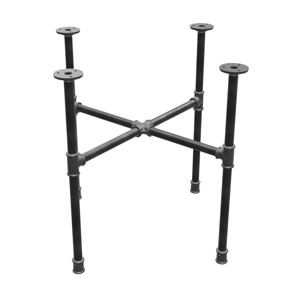 Industrieel gietijzeren salontafelonderstel, kruispoten, 58 × 58 cm, hoogte 52 cm, driekwartaanzicht