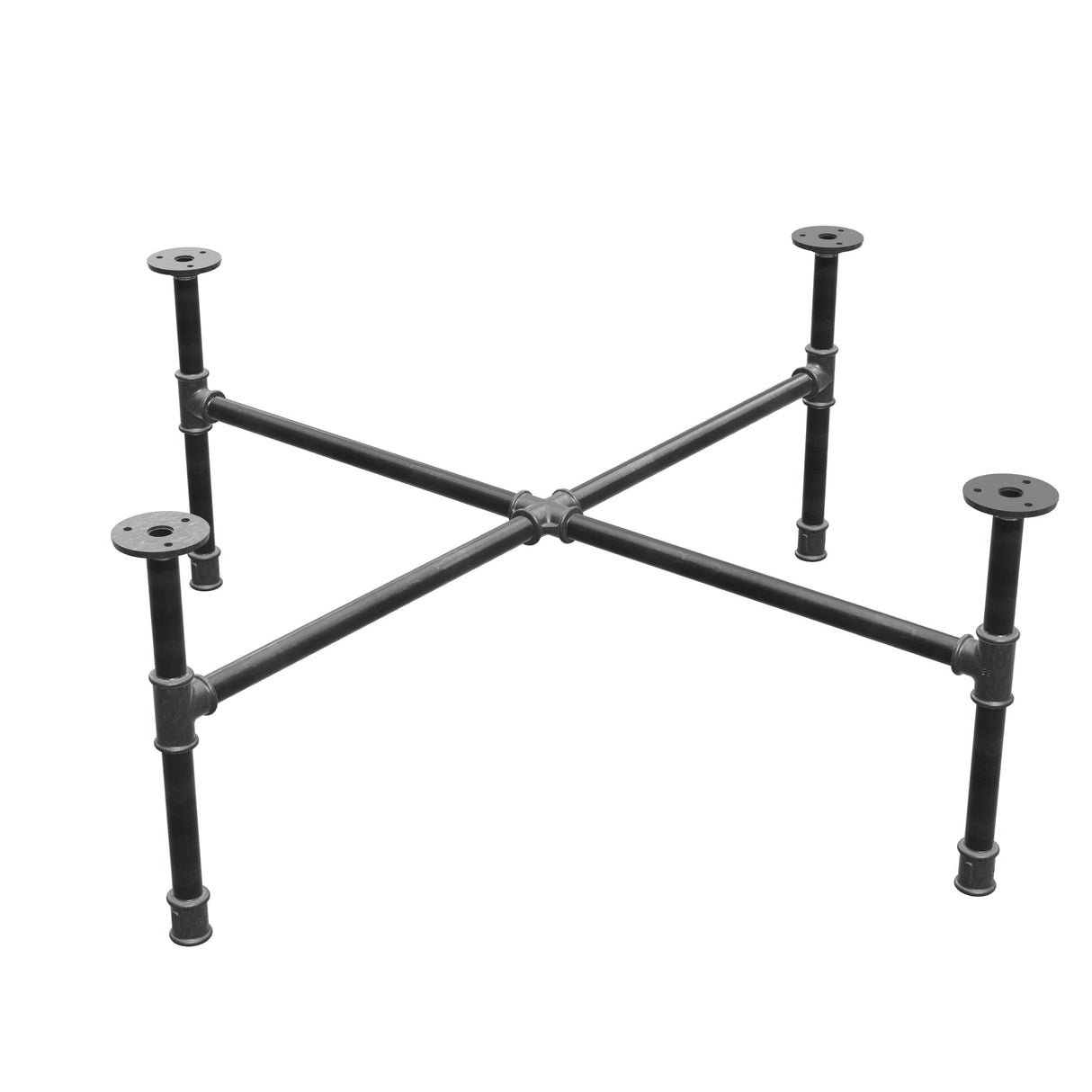 Industrieel gietijzeren salontafelonderstel, kruispoten, 88 × 88 cm, hoogte 32 cm, driekwartaanzicht