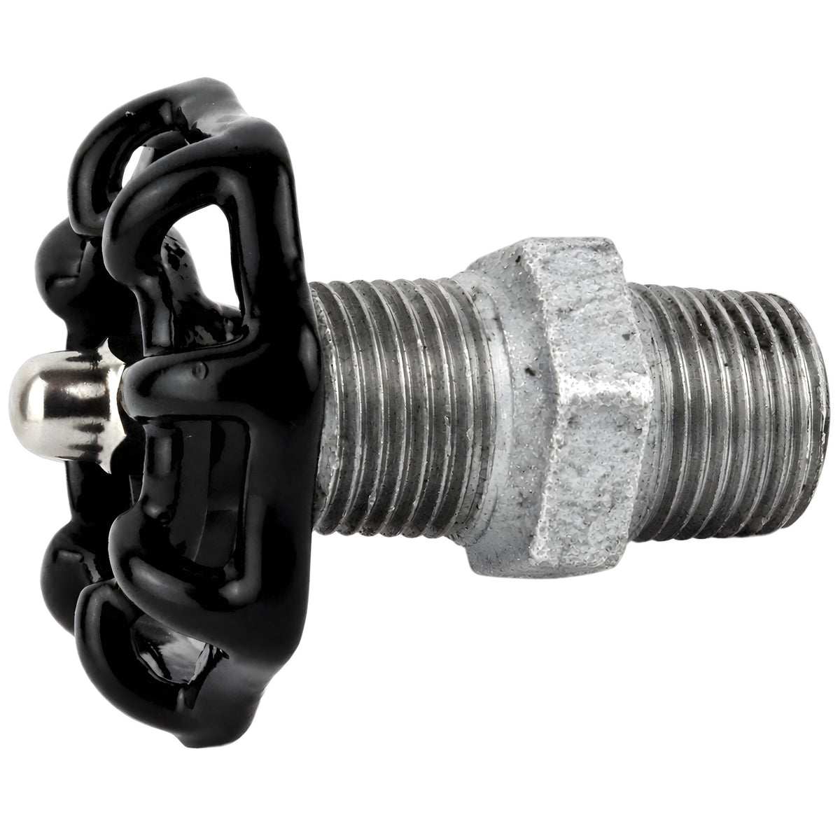 Zwart handwiel 52 mm op nippel, 1/2'' met roestvrijstalen moer, fitting van gegalvaniseerd gietijzer