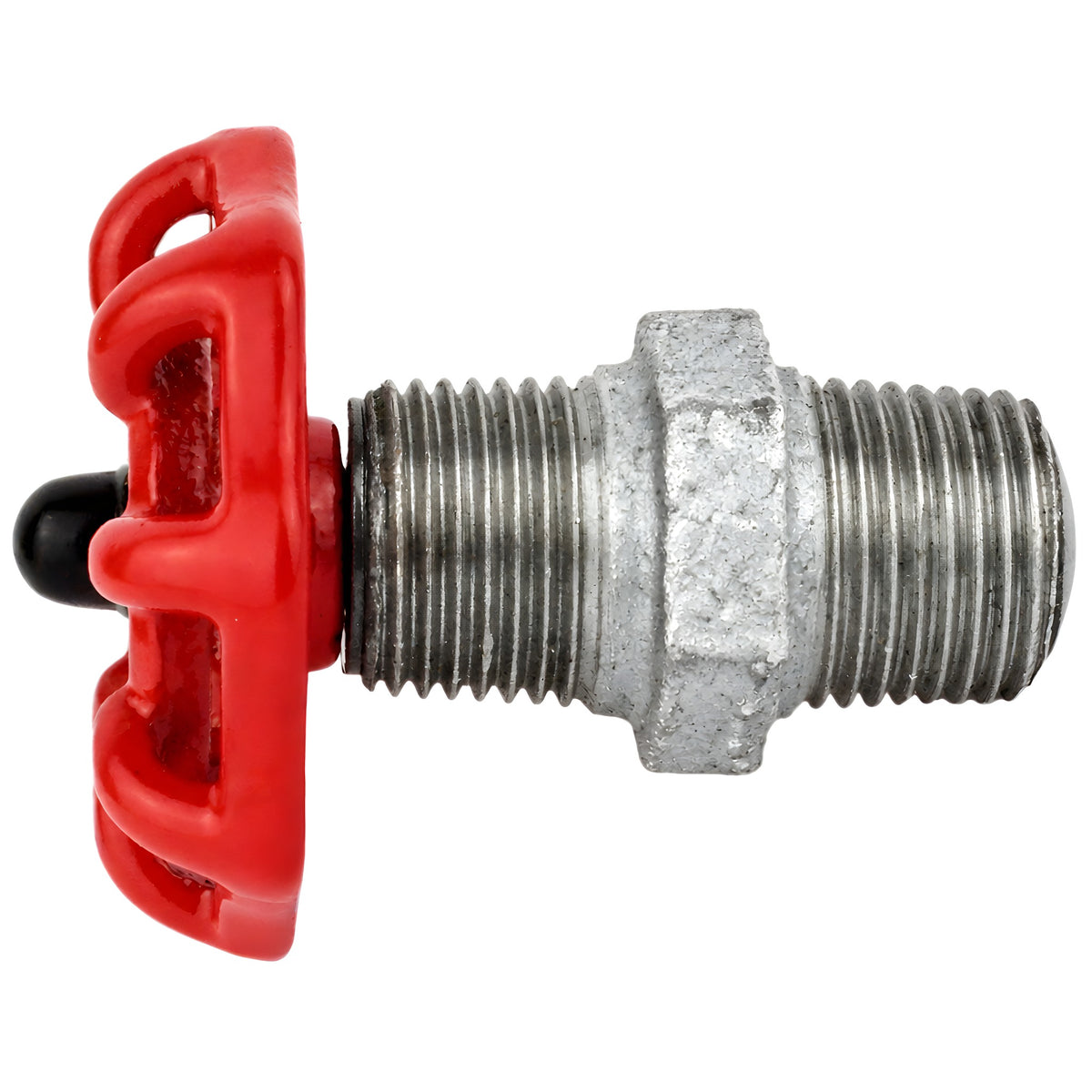 Rood handwiel 52 mm op nippel, 1/2'' met zwarte moer, fitting van gegalvaniseerd gietijzer