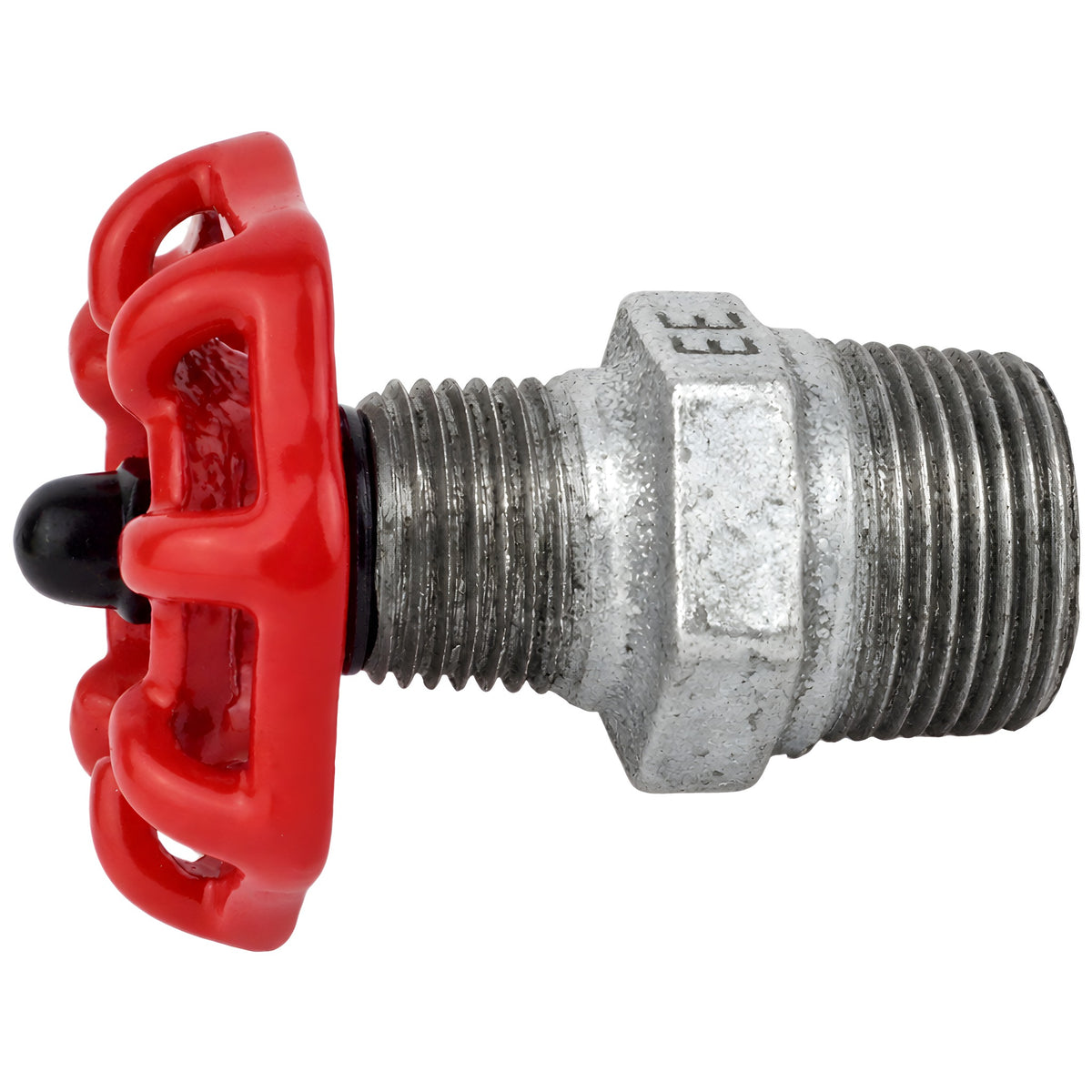 Rood handwiel 52 mm op nippel, zwarte moer, fitting van gegalvaniseerd gietijzer