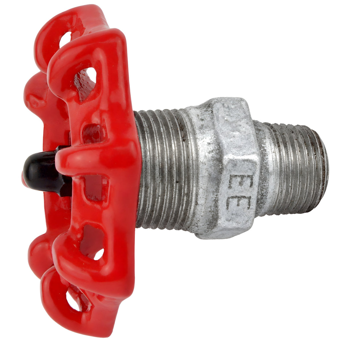 Rood handwiel 72 mm op nippel, 1/2'' met zwarte moer, fitting van gegalvaniseerd gietijzer